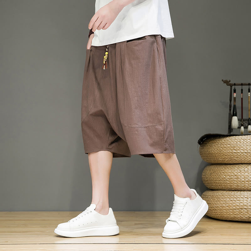 Casual Drawstring Cotton Linen Men's Capri Harem Pants With Pockets
