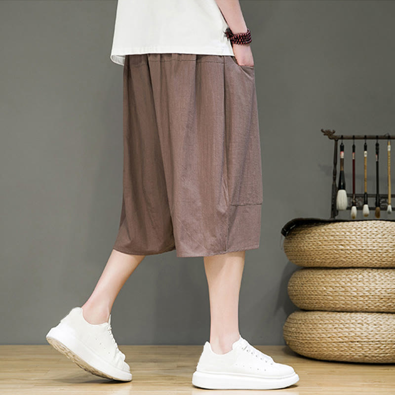 Casual Drawstring Cotton Linen Men's Capri Harem Pants With Pockets