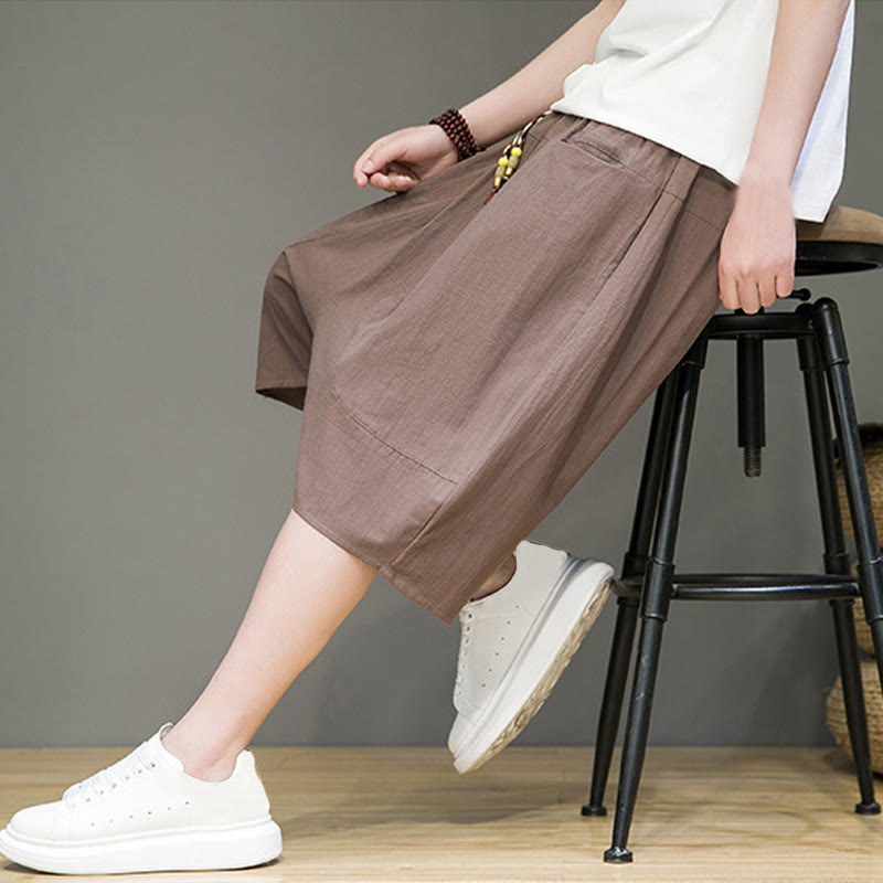 Casual Drawstring Cotton Linen Men's Capri Harem Pants With Pockets