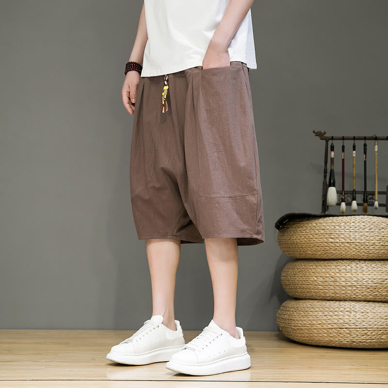 Casual Drawstring Cotton Linen Men's Capri Harem Pants With Pockets
