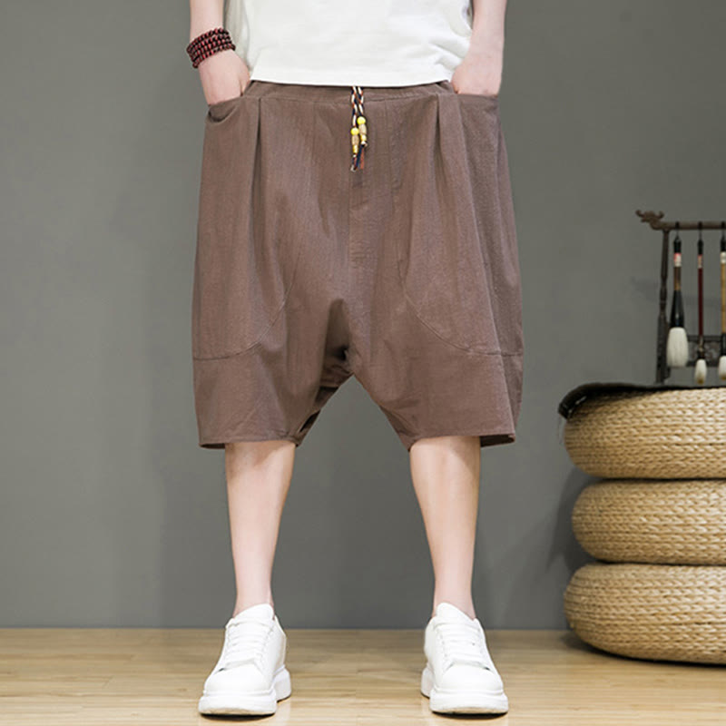 Casual Drawstring Cotton Linen Men's Capri Harem Pants With Pockets