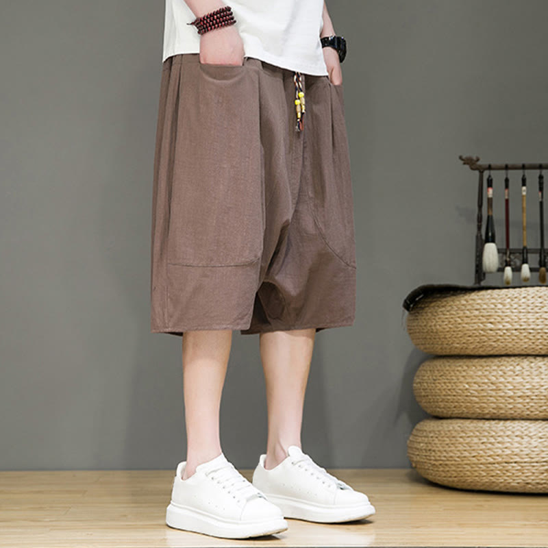 Casual Drawstring Cotton Linen Men's Capri Harem Pants With Pockets