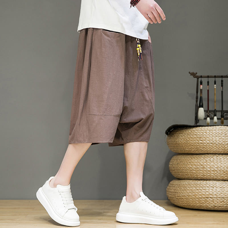 Casual Drawstring Cotton Linen Men's Capri Harem Pants With Pockets