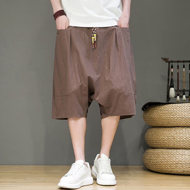 Casual Drawstring Cotton Linen Men's Capri Harem Pants With Pockets