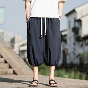 Solid Drawstring Men's Capri Cropped Harem Pants With Pockets