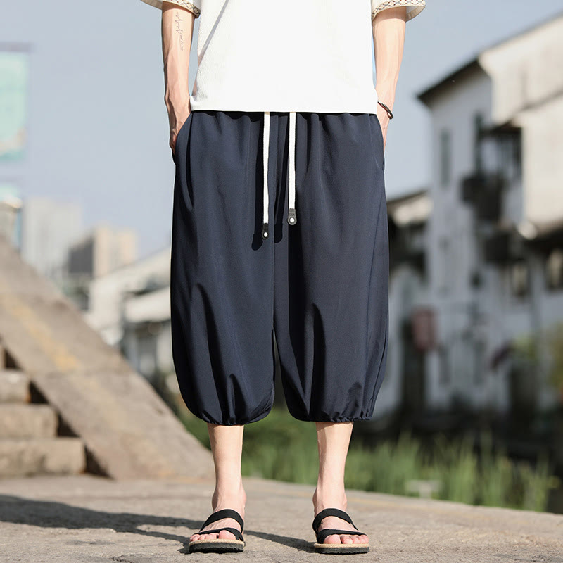 Solid Drawstring Men's Capri Cropped Harem Pants With Pockets