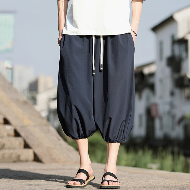 Solid Drawstring Men's Capri Cropped Harem Pants With Pockets