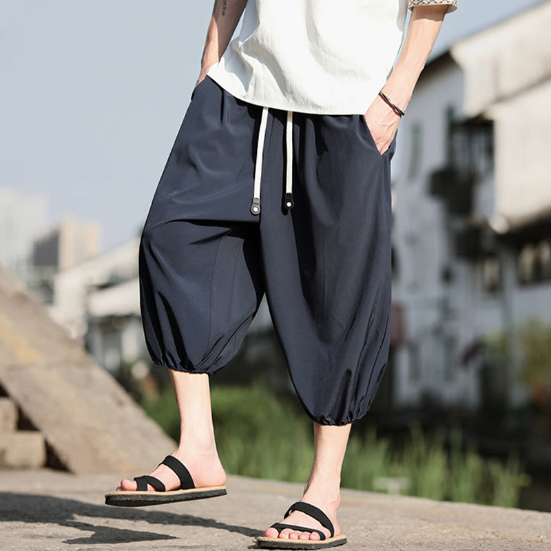 Solid Drawstring Men's Capri Cropped Harem Pants With Pockets