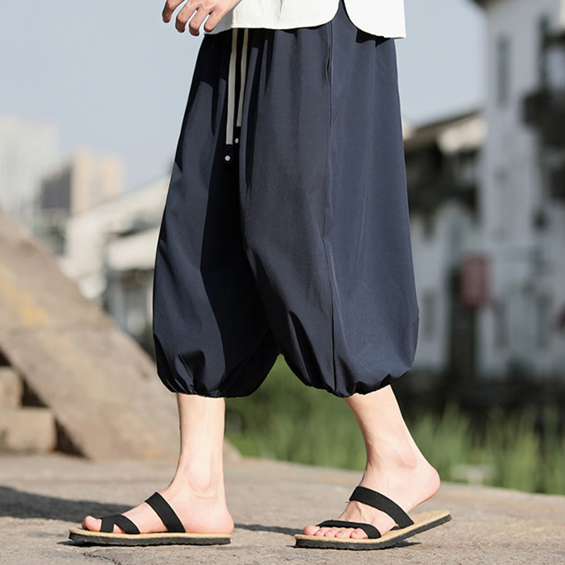 Solid Drawstring Men's Capri Cropped Harem Pants With Pockets
