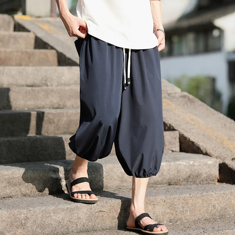 Solid Drawstring Men's Capri Cropped Harem Pants With Pockets