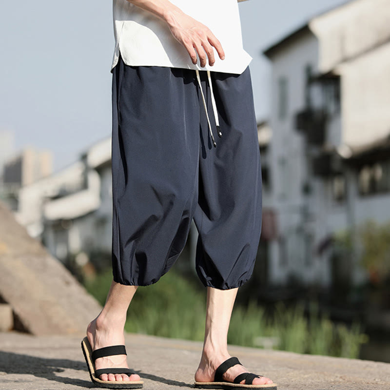 Solid Drawstring Men's Capri Cropped Harem Pants With Pockets