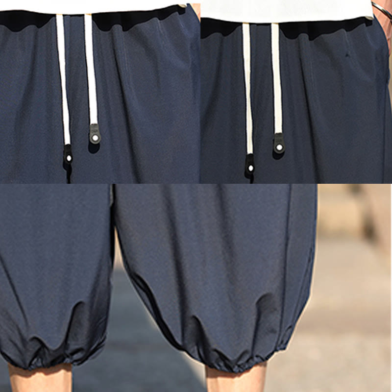 Solid Drawstring Men's Capri Cropped Harem Pants With Pockets