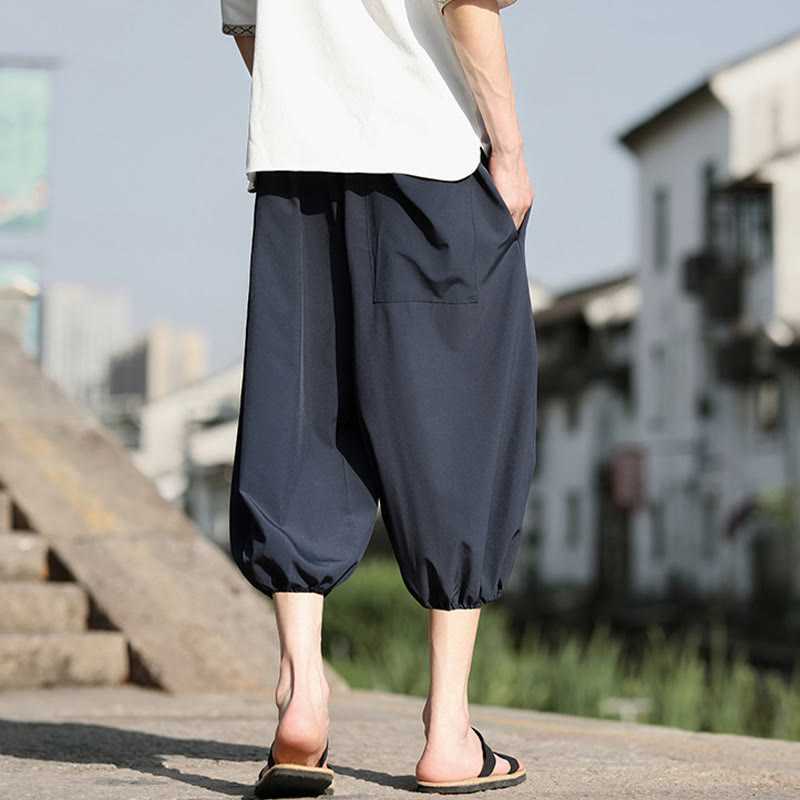 Solid Drawstring Men's Capri Cropped Harem Pants With Pockets