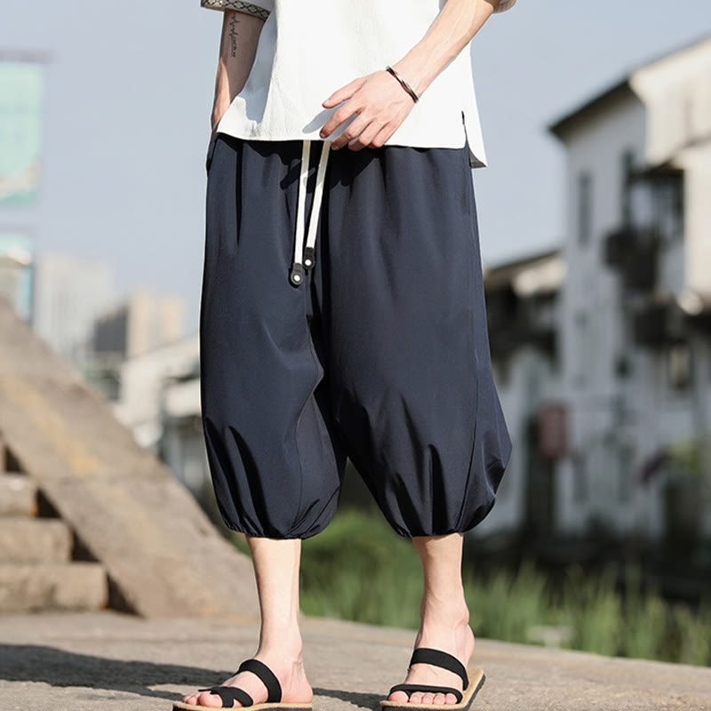 Solid Drawstring Men's Capri Cropped Harem Pants With Pockets