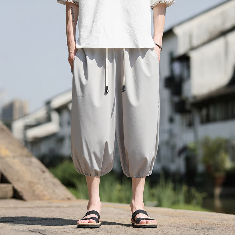 Solid Drawstring Men's Capri Cropped Harem Pants With Pockets