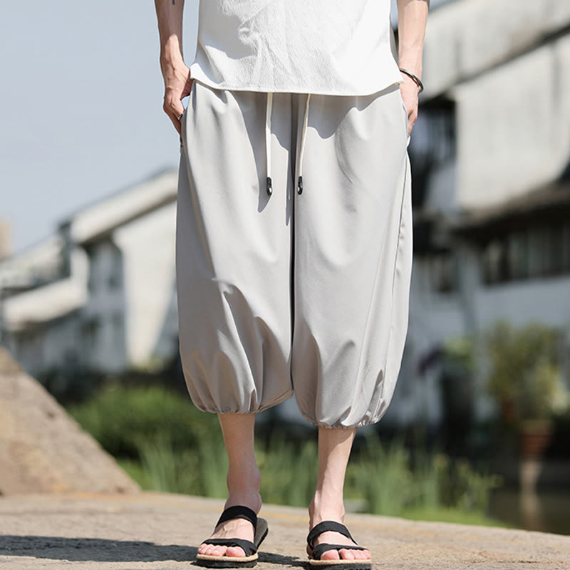 Solid Drawstring Men's Capri Cropped Harem Pants With Pockets