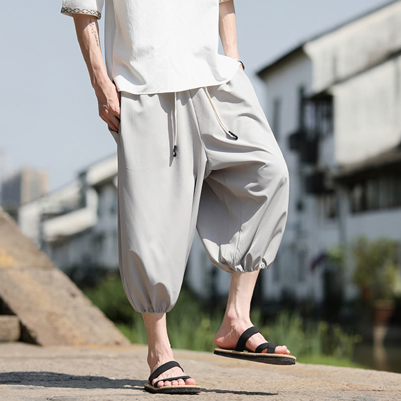 Solid Drawstring Men's Capri Cropped Harem Pants With Pockets