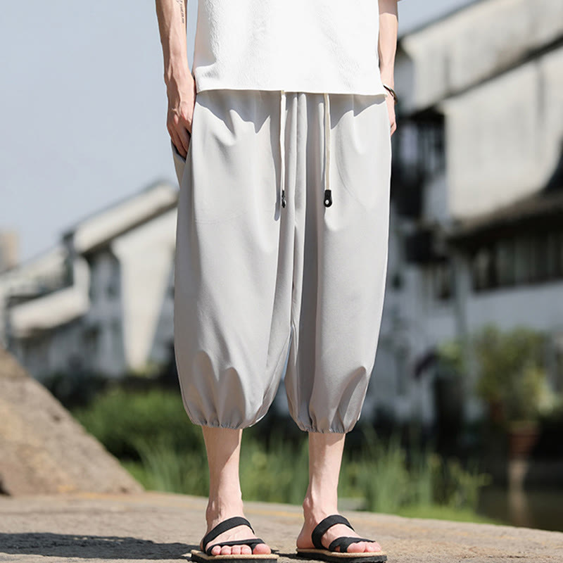 Solid Drawstring Men's Capri Cropped Harem Pants With Pockets