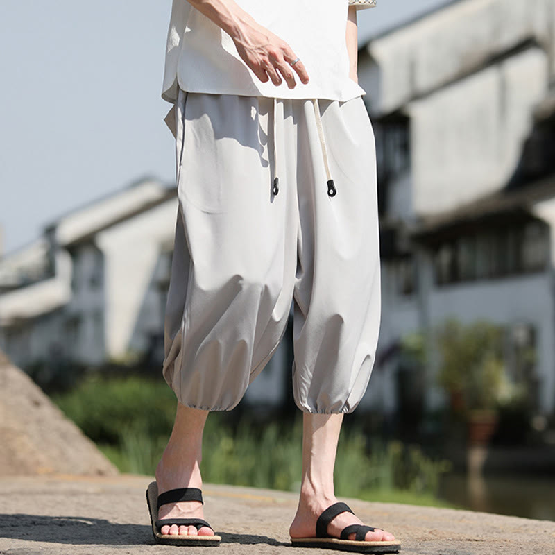 Solid Drawstring Men's Capri Cropped Harem Pants With Pockets