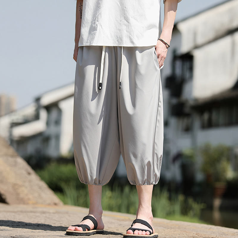 Solid Drawstring Men's Capri Cropped Harem Pants With Pockets