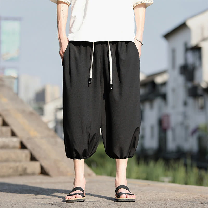 Solid Drawstring Men's Capri Cropped Harem Pants With Pockets