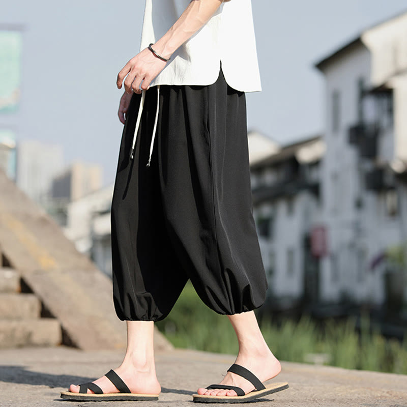 Solid Drawstring Men's Capri Cropped Harem Pants With Pockets