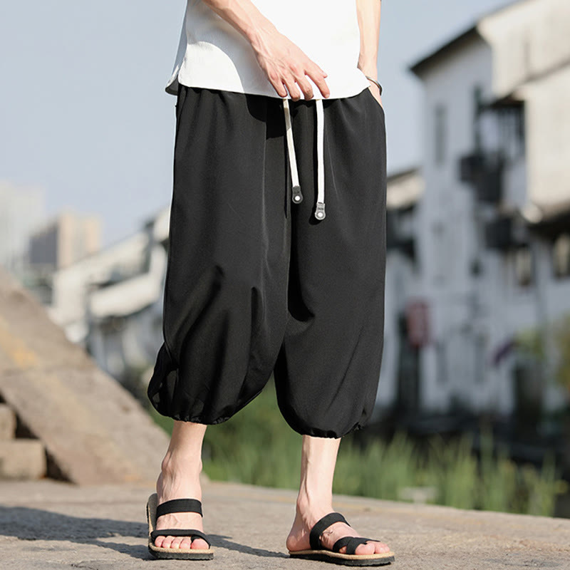 Solid Drawstring Men's Capri Cropped Harem Pants With Pockets