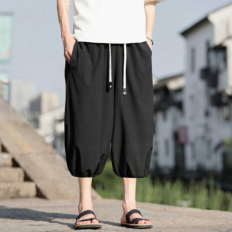 Solid Drawstring Men's Capri Cropped Harem Pants With Pockets