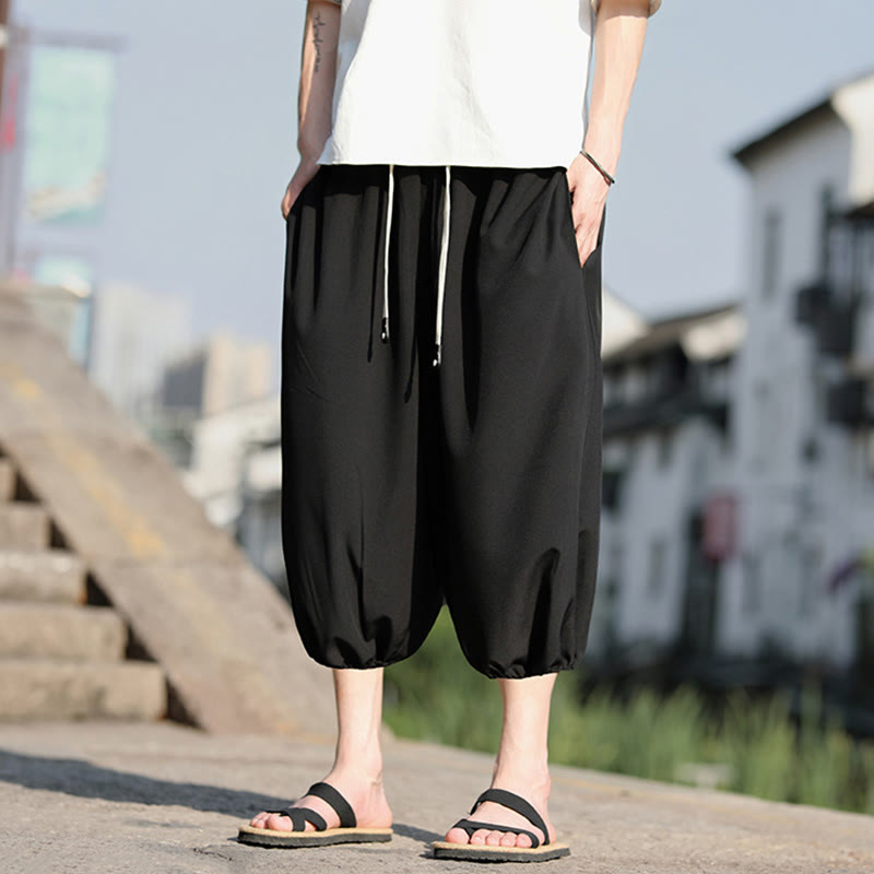 Solid Drawstring Men's Capri Cropped Harem Pants With Pockets