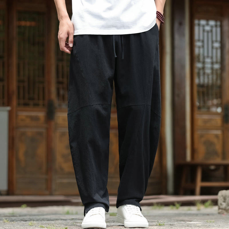 Solid Drawstring Men's Elastic Waistband Cotton Linen Pants With Pockets