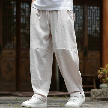 Solid Drawstring Men's Elastic Waistband Cotton Linen Pants With Pockets