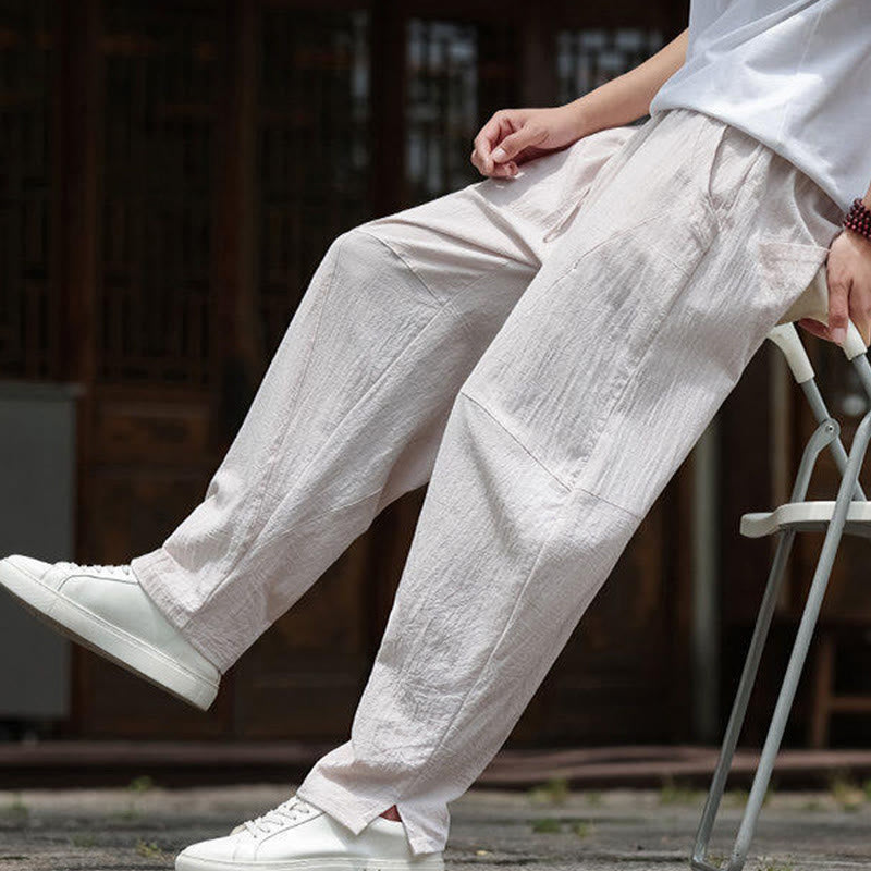 Solid Drawstring Men's Elastic Waistband Cotton Linen Pants With Pockets