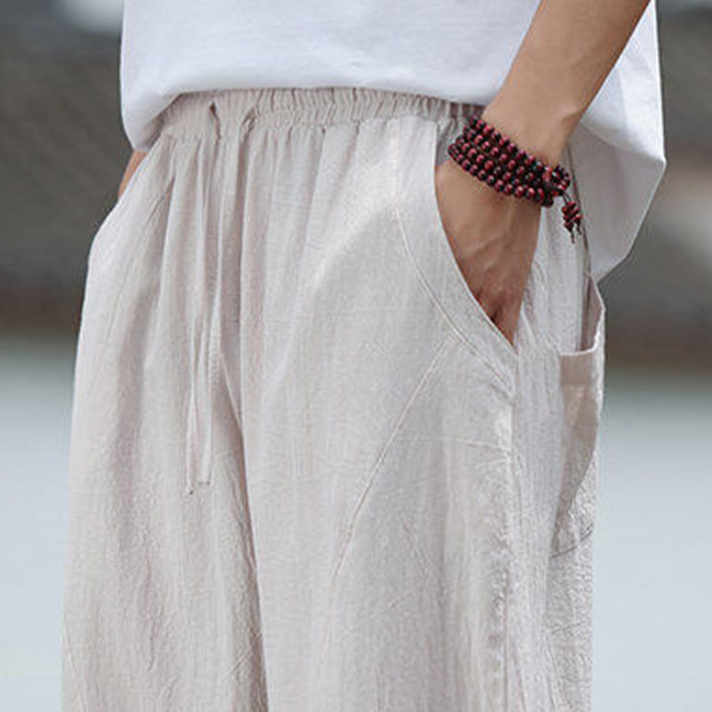 Solid Drawstring Men's Elastic Waistband Cotton Linen Pants With Pockets