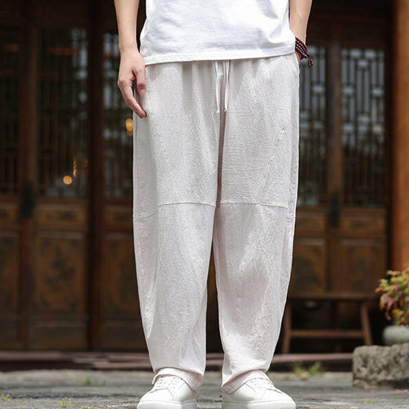 Solid Drawstring Men's Elastic Waistband Cotton Linen Pants With Pockets