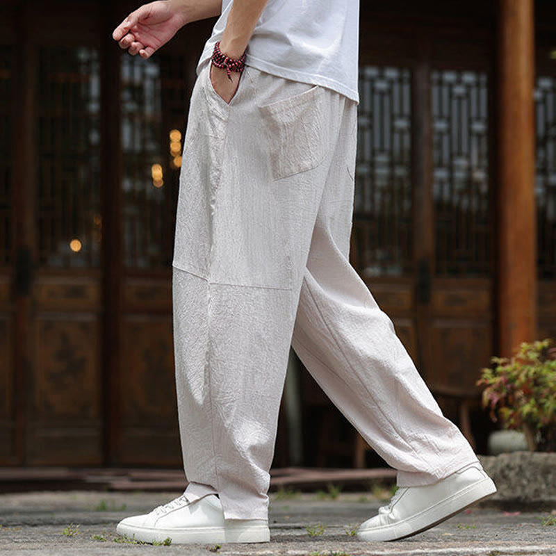 Solid Drawstring Men's Elastic Waistband Cotton Linen Pants With Pockets