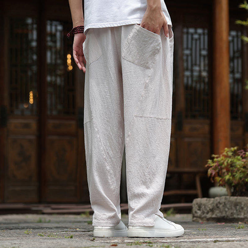 Solid Drawstring Men's Elastic Waistband Cotton Linen Pants With Pockets