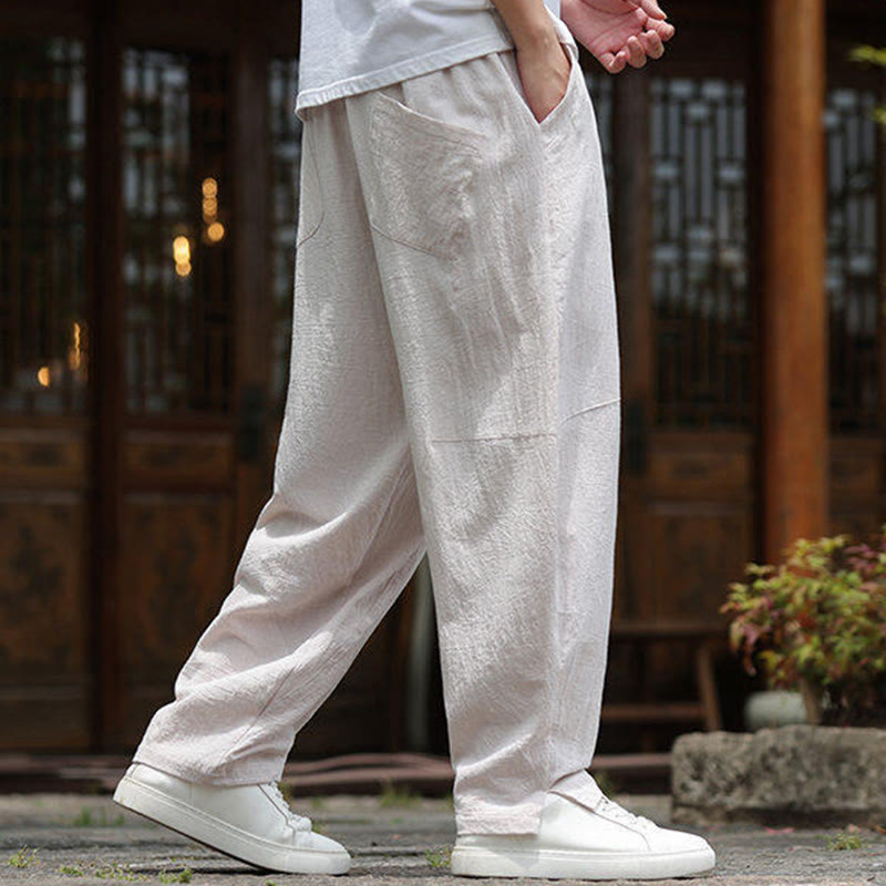 Solid Drawstring Men's Elastic Waistband Cotton Linen Pants With Pockets