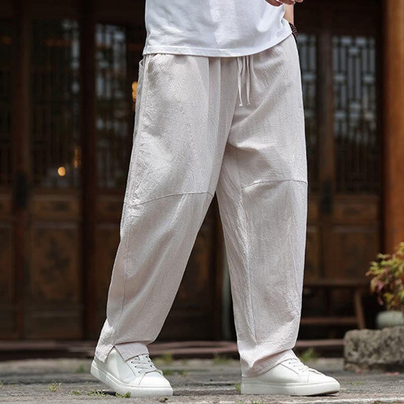 Solid Drawstring Men's Elastic Waistband Cotton Linen Pants With Pockets