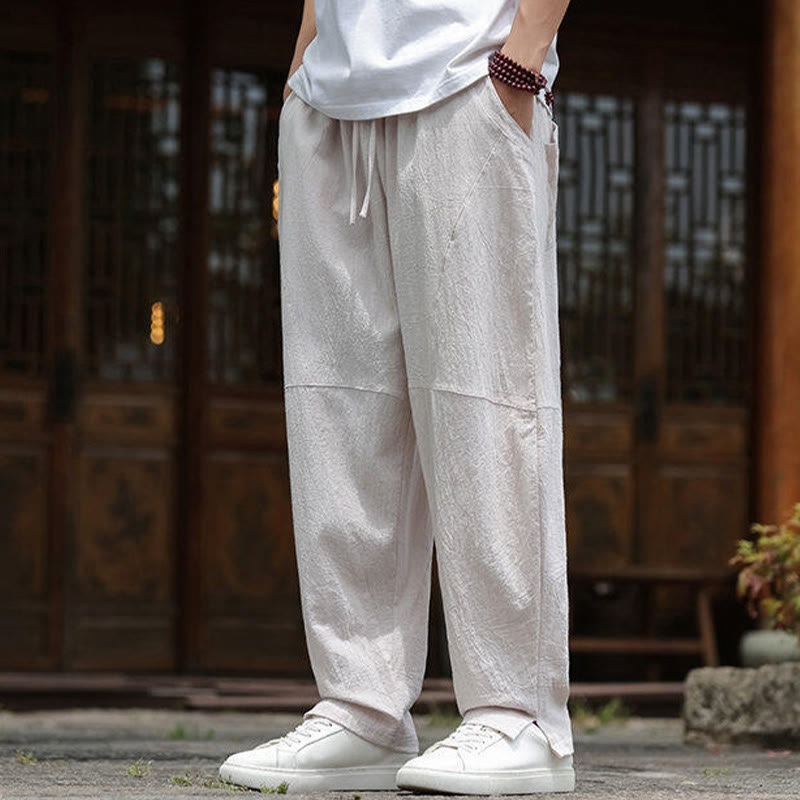 Solid Drawstring Men's Elastic Waistband Cotton Linen Pants With Pockets