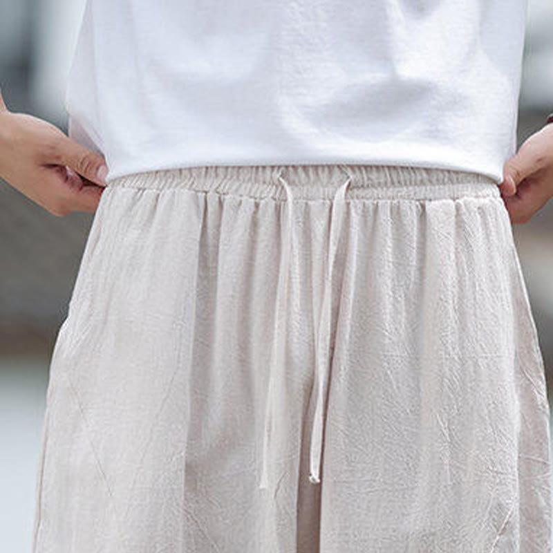 Solid Drawstring Men's Elastic Waistband Cotton Linen Pants With Pockets