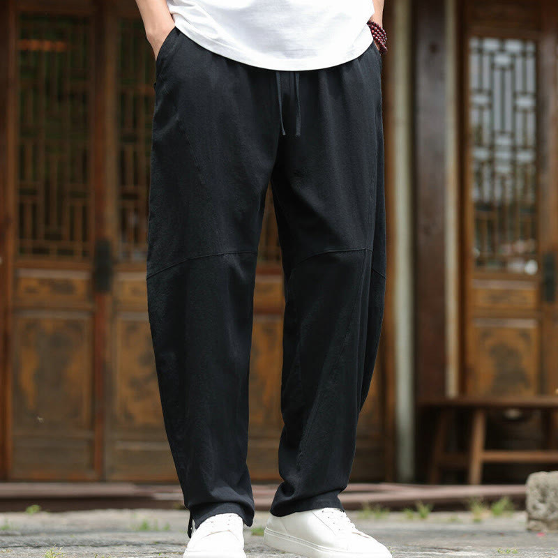 Solid Drawstring Men's Elastic Waistband Cotton Linen Pants With Pockets