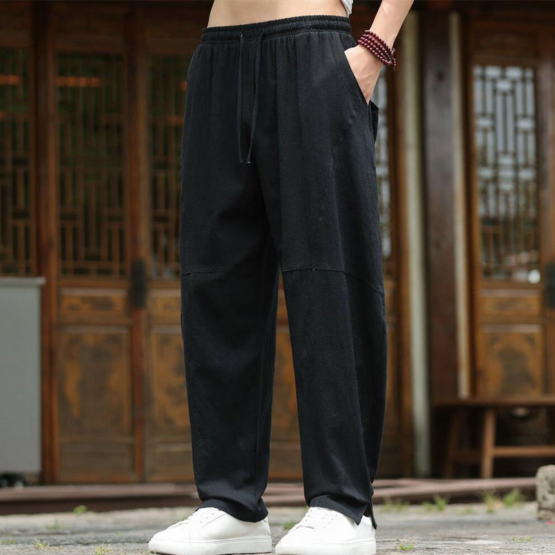 Solid Drawstring Men's Elastic Waistband Cotton Linen Pants With Pockets