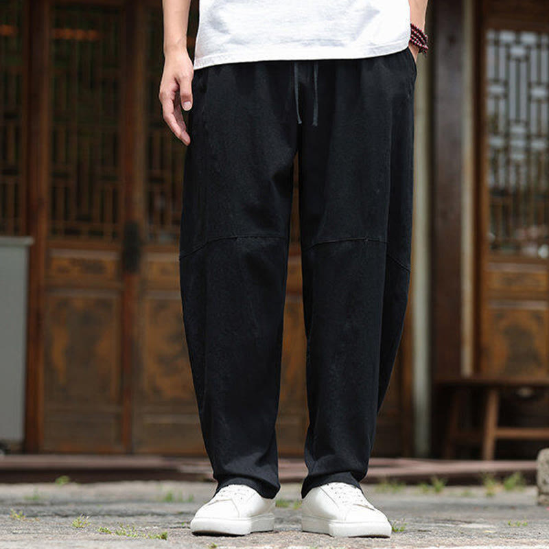 Solid Drawstring Men's Elastic Waistband Cotton Linen Pants With Pockets