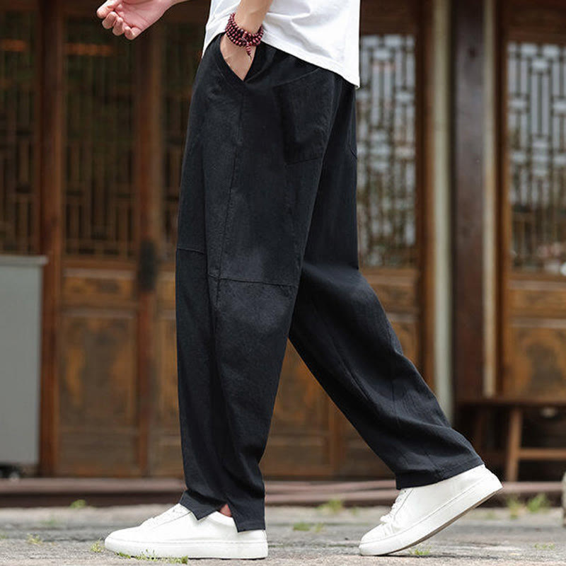 Solid Drawstring Men's Elastic Waistband Cotton Linen Pants With Pockets