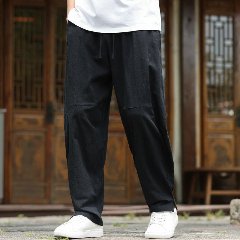Solid Drawstring Men's Elastic Waistband Cotton Linen Pants With Pockets