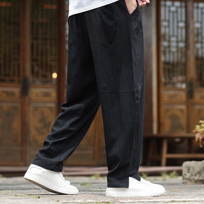 Solid Drawstring Men's Elastic Waistband Cotton Linen Pants With Pockets