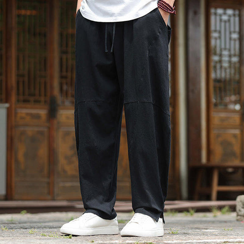 Solid Drawstring Men's Elastic Waistband Cotton Linen Pants With Pockets