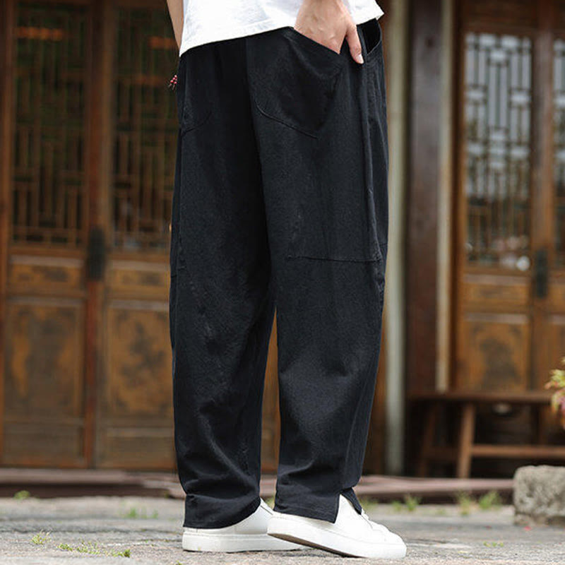 Solid Drawstring Men's Elastic Waistband Cotton Linen Pants With Pockets