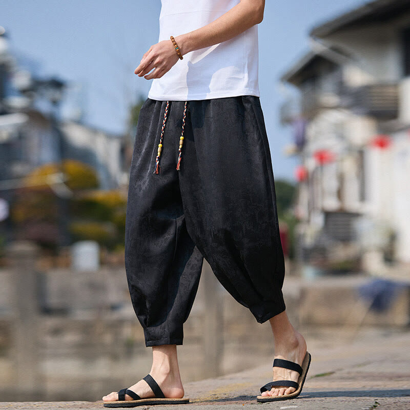 Summer Character Embroidery Design Drawstring Men's 7-8 Length Pants With Pockets