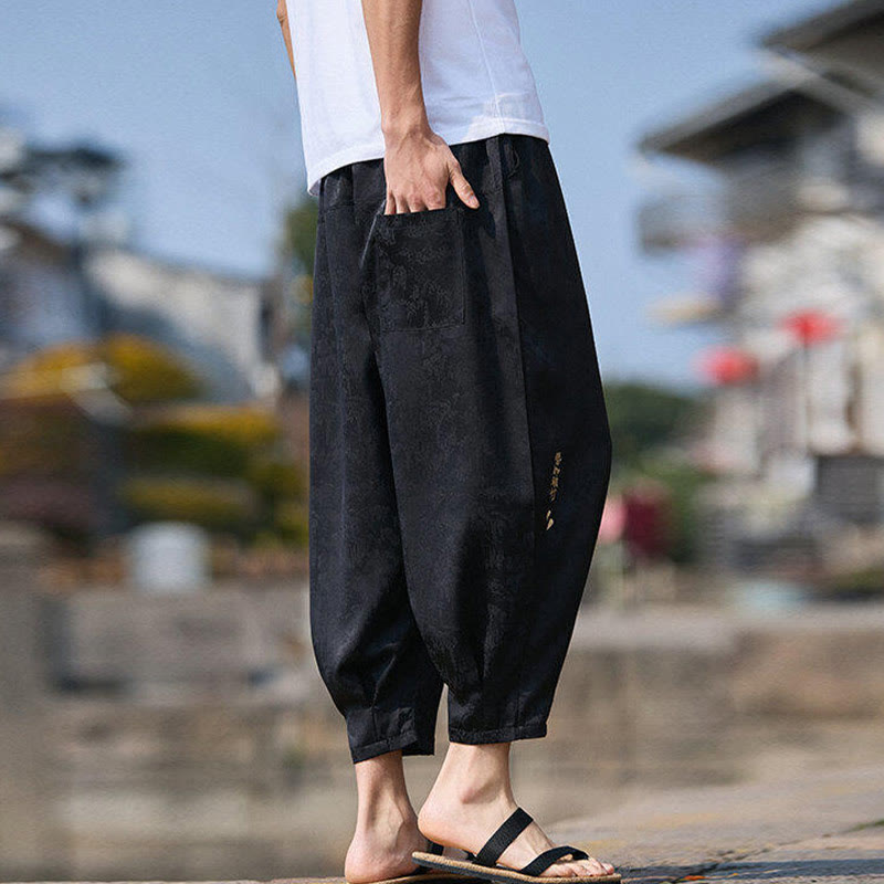 Summer Character Embroidery Design Drawstring Men's 7-8 Length Pants With Pockets